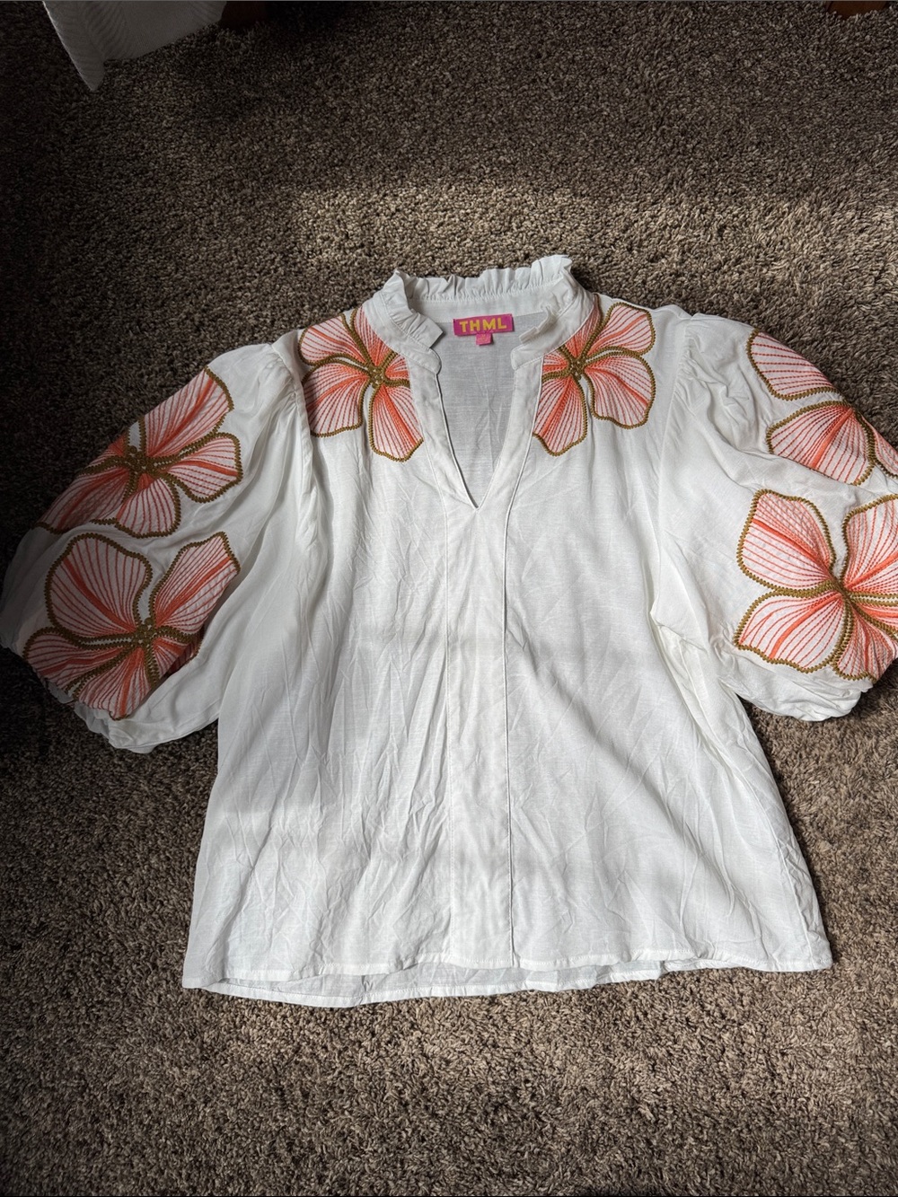 THML Cream  Blouse with Coral-Peach Floral Embroidery